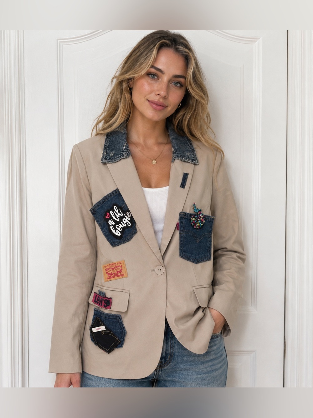 Upcycled Beige Levi inspired Blazer with Denim Patchwork size M - Picture 2 of 4